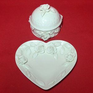 VTG Godinger Porcelain White Rose Dish & Trinket Box